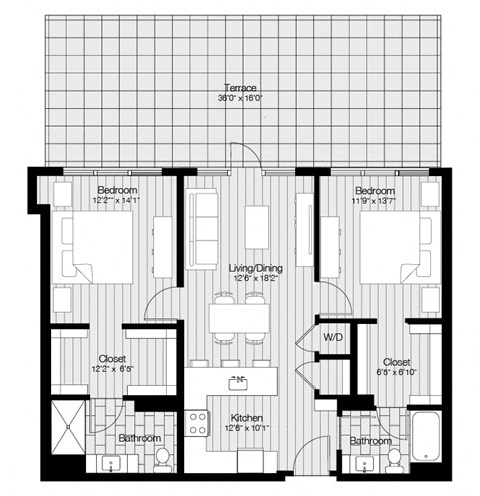 Floor plan for 2 beds, 2 baths, 1125 sqft